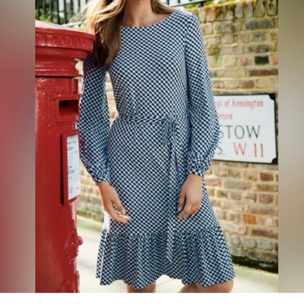Boden Holly Geometric Print Jersey Dress Women's 41 Blue Long Sleeves
